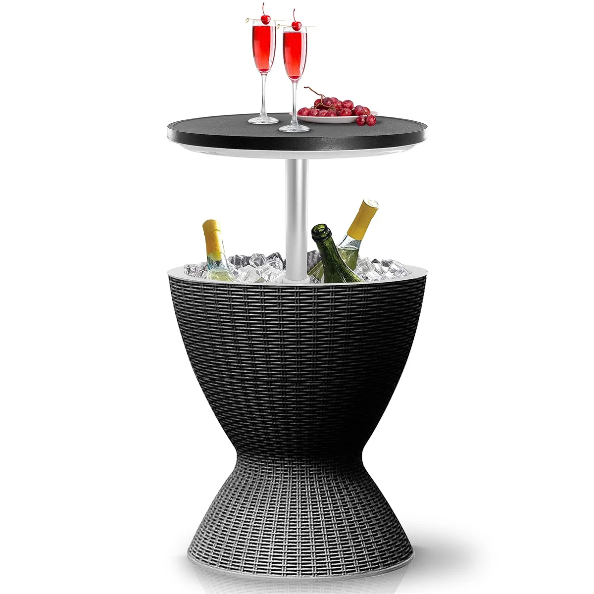 Black rattan-look resin outdoor bar table with elevated lid and ice bucket