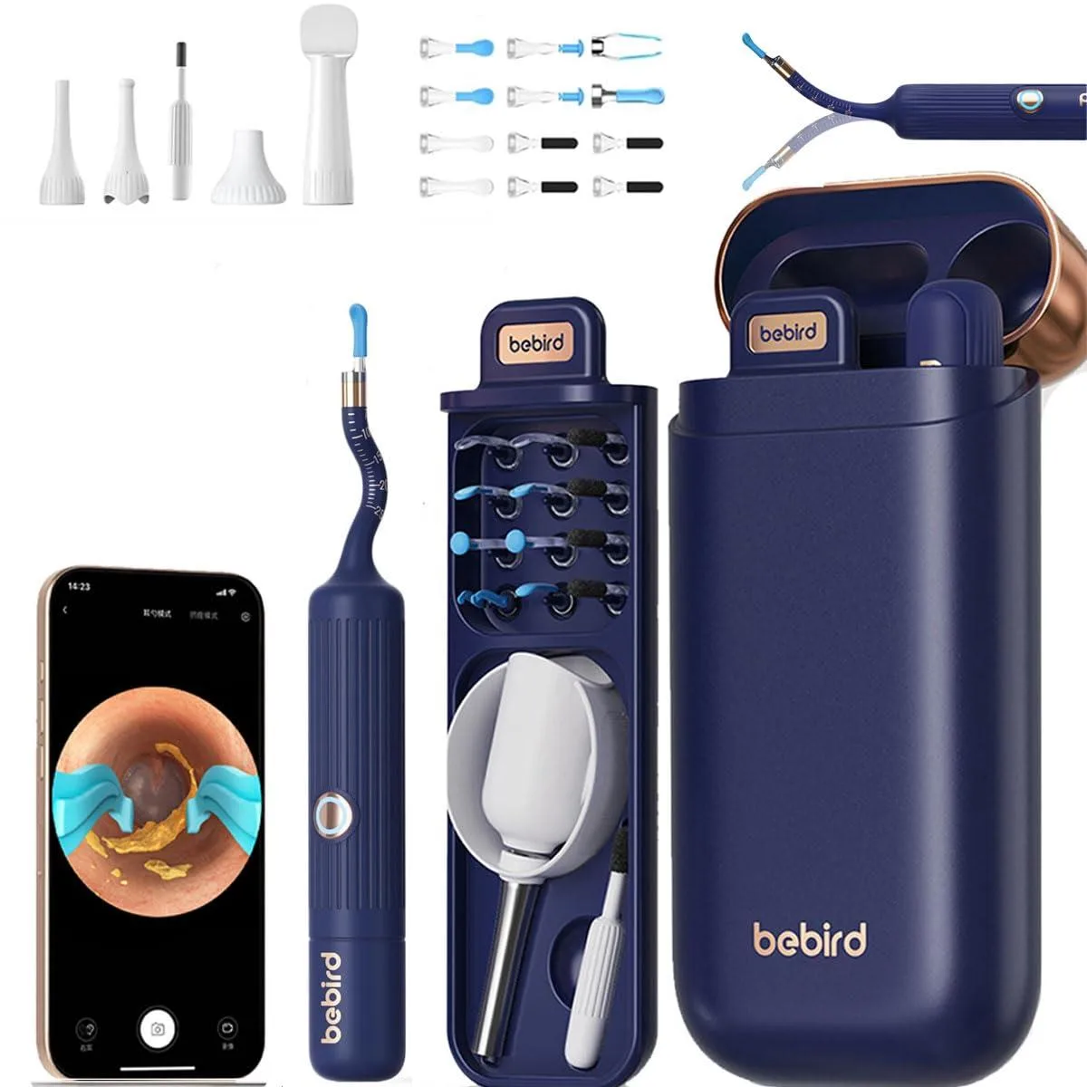Blue wireless ear cleaner with camera and 13 tips