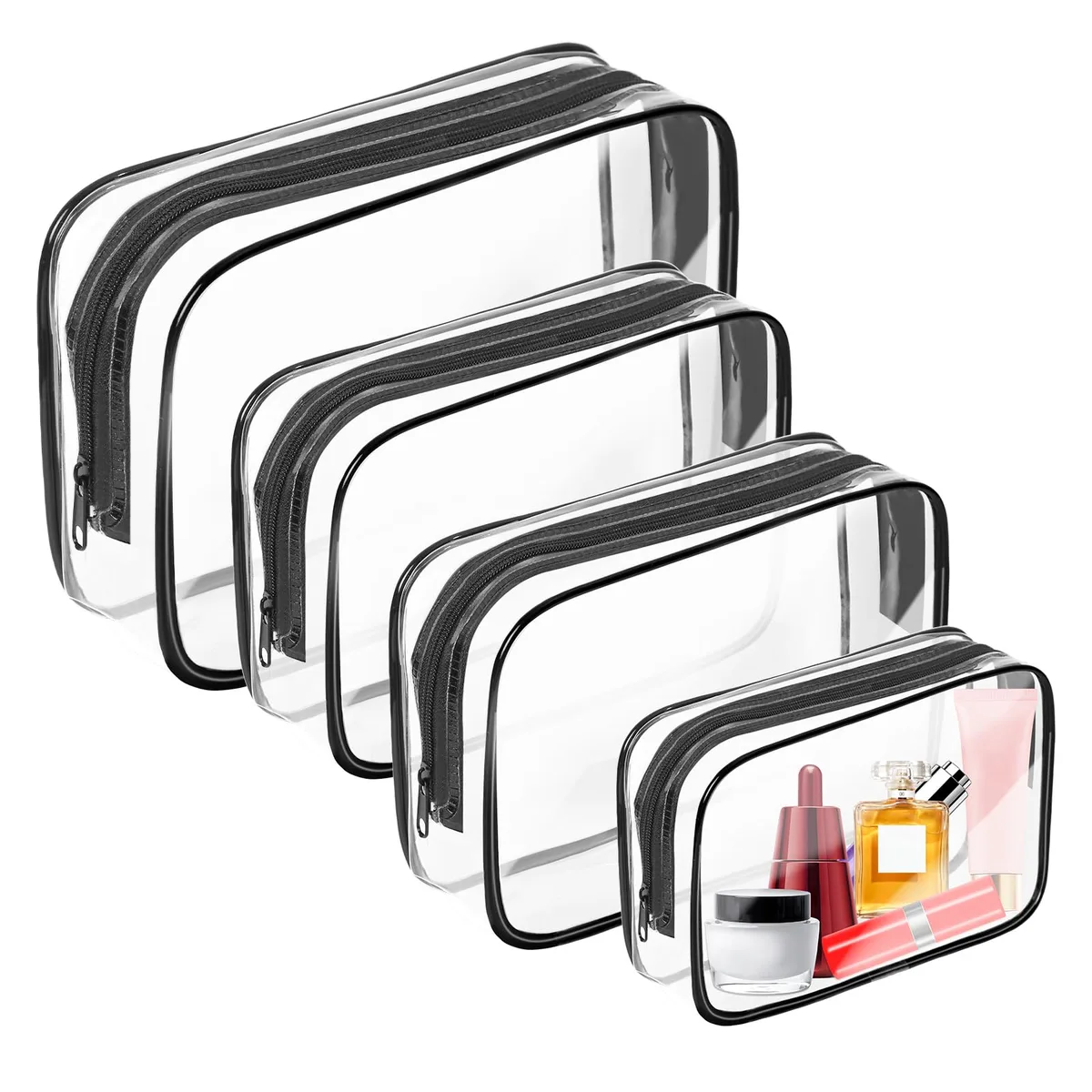 Three clear PVC toiletry bags in black, large 9.4 by 7.1 by 3.1 inches, middle 7.8 by 5.9 by 2.3 inches, small 6.3 by 5.2 by 1.6 inches