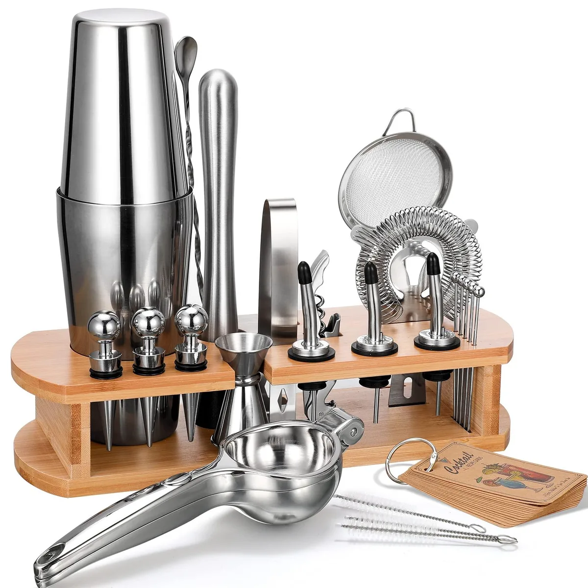 Stainless steel cocktail shaker set with bamboo stand, silver and brown finish