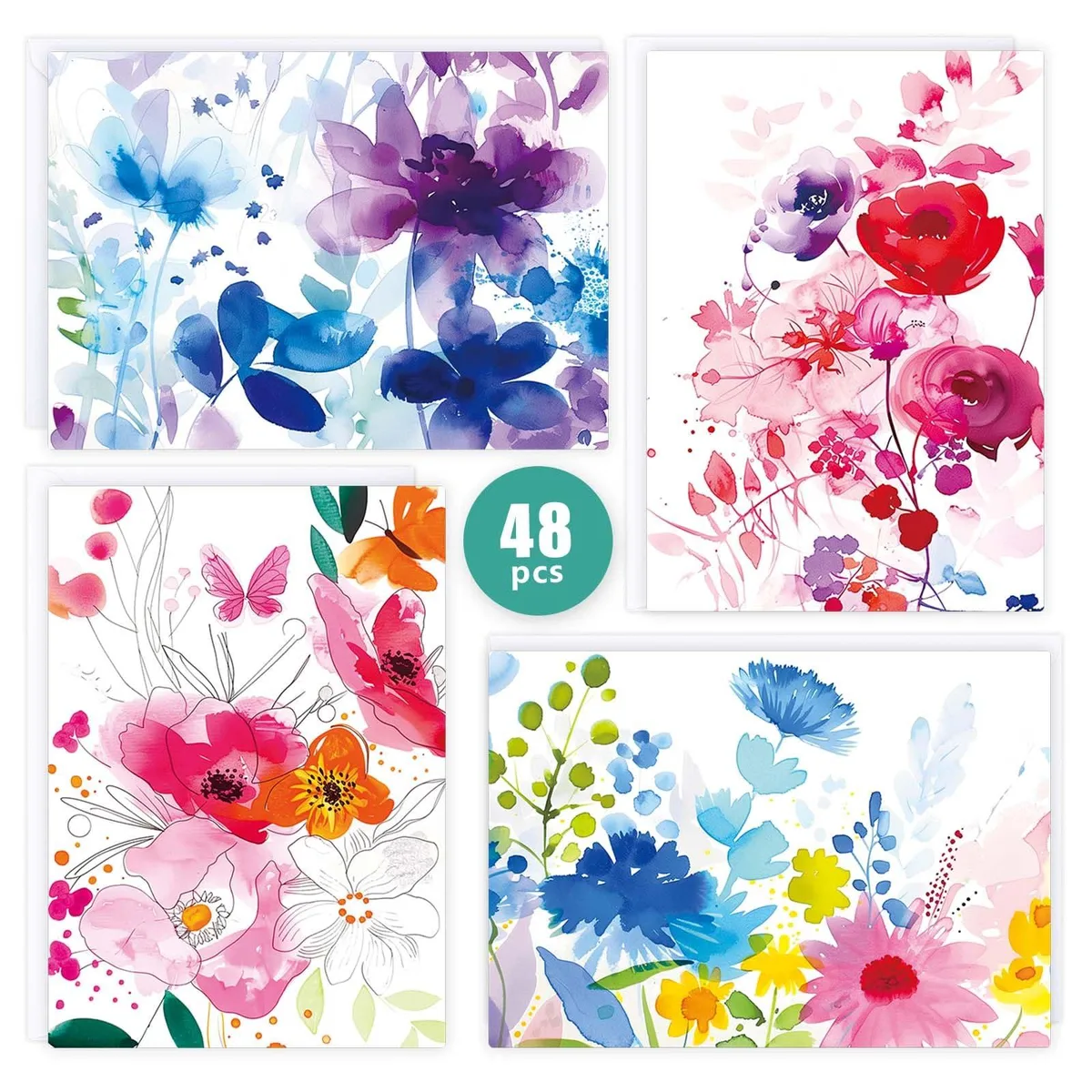 48 folded greeting cards with watercolor floral designs and matching envelopes
