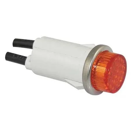 Small amber indicator light with raised round lens silver bezel and wire leads