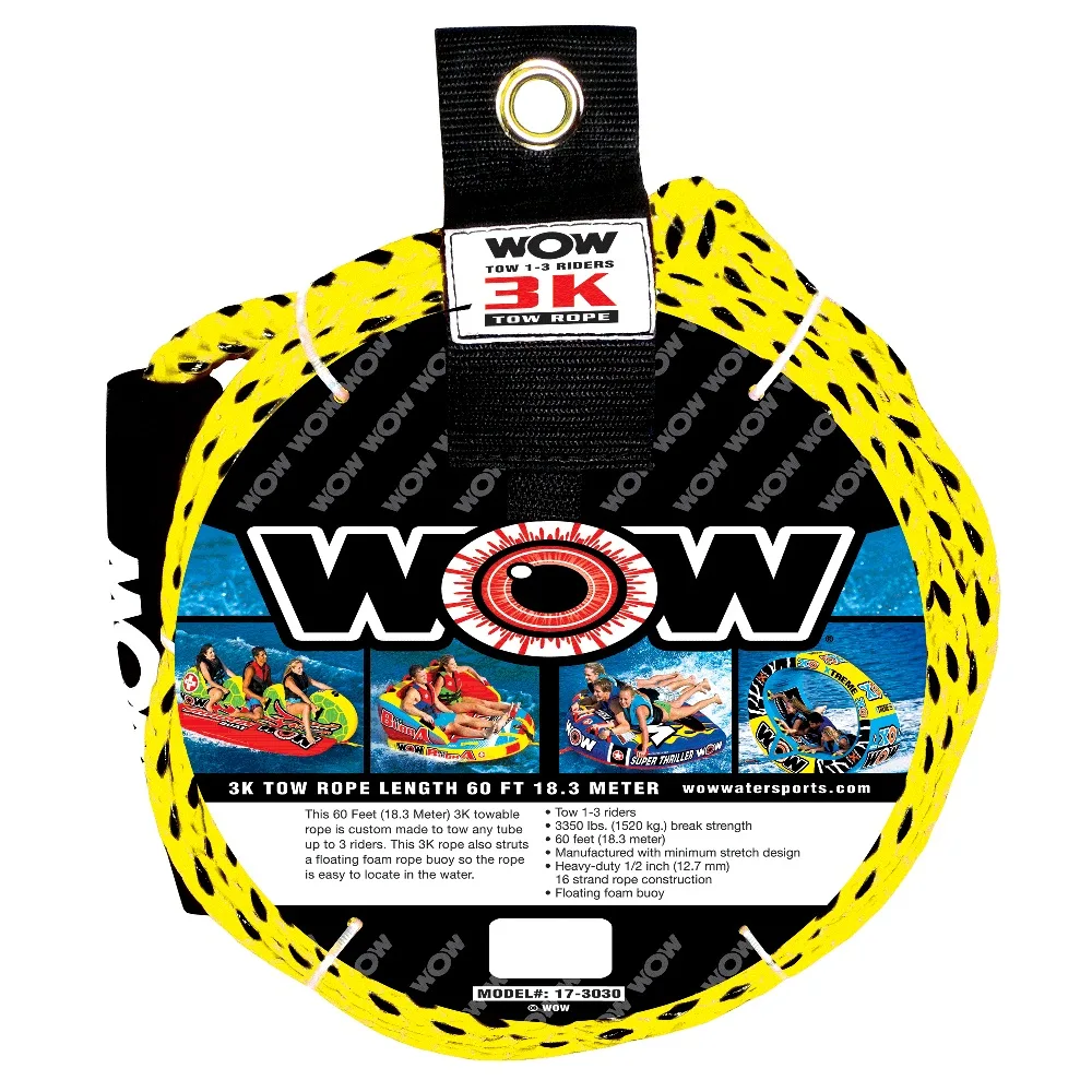 Bright yellow 16-strand tow rope with floating foam buoy, coiled on light surface