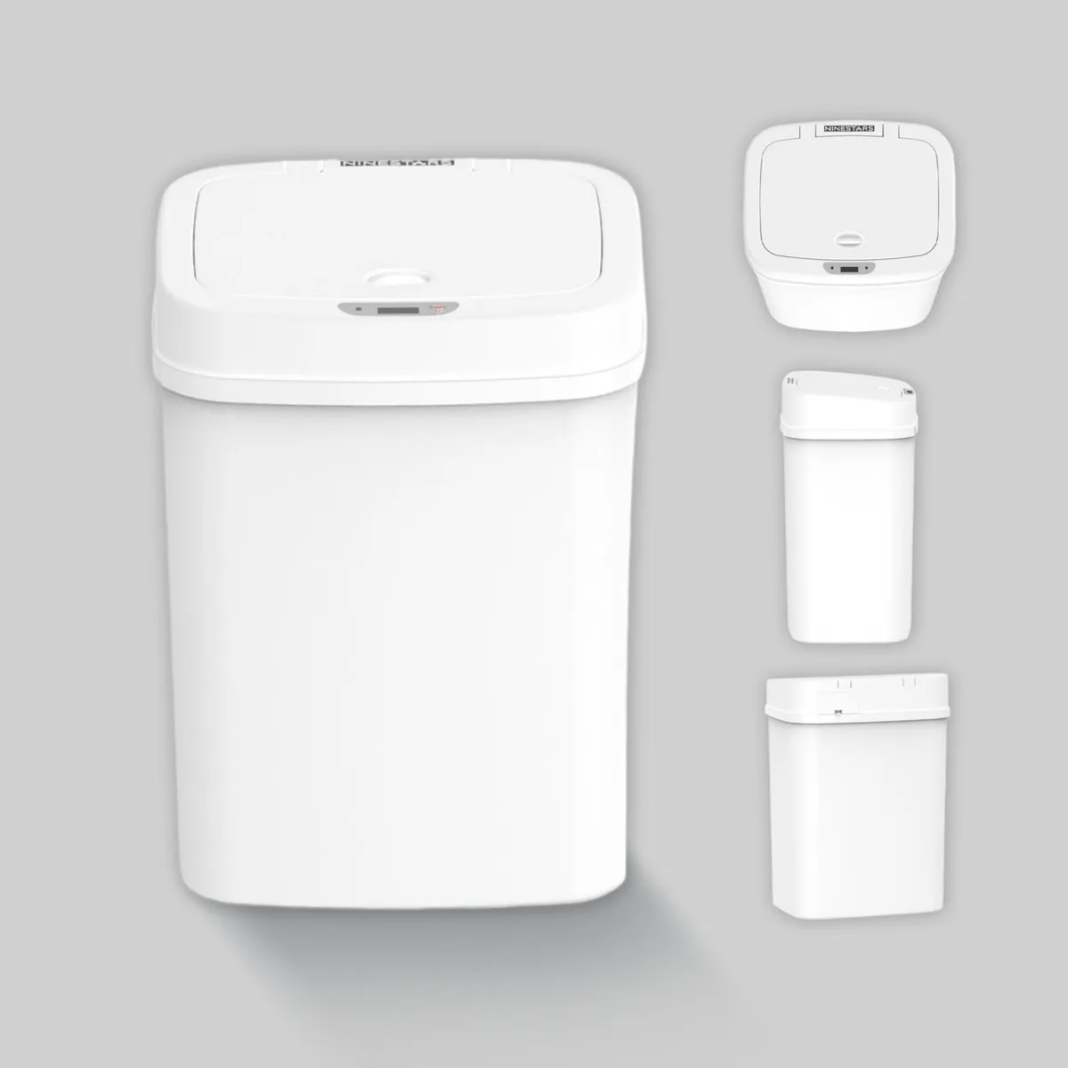 White plastic 12L sensor bin with knee and hand activation, 10.3 x 7.8 x 14.1 inches