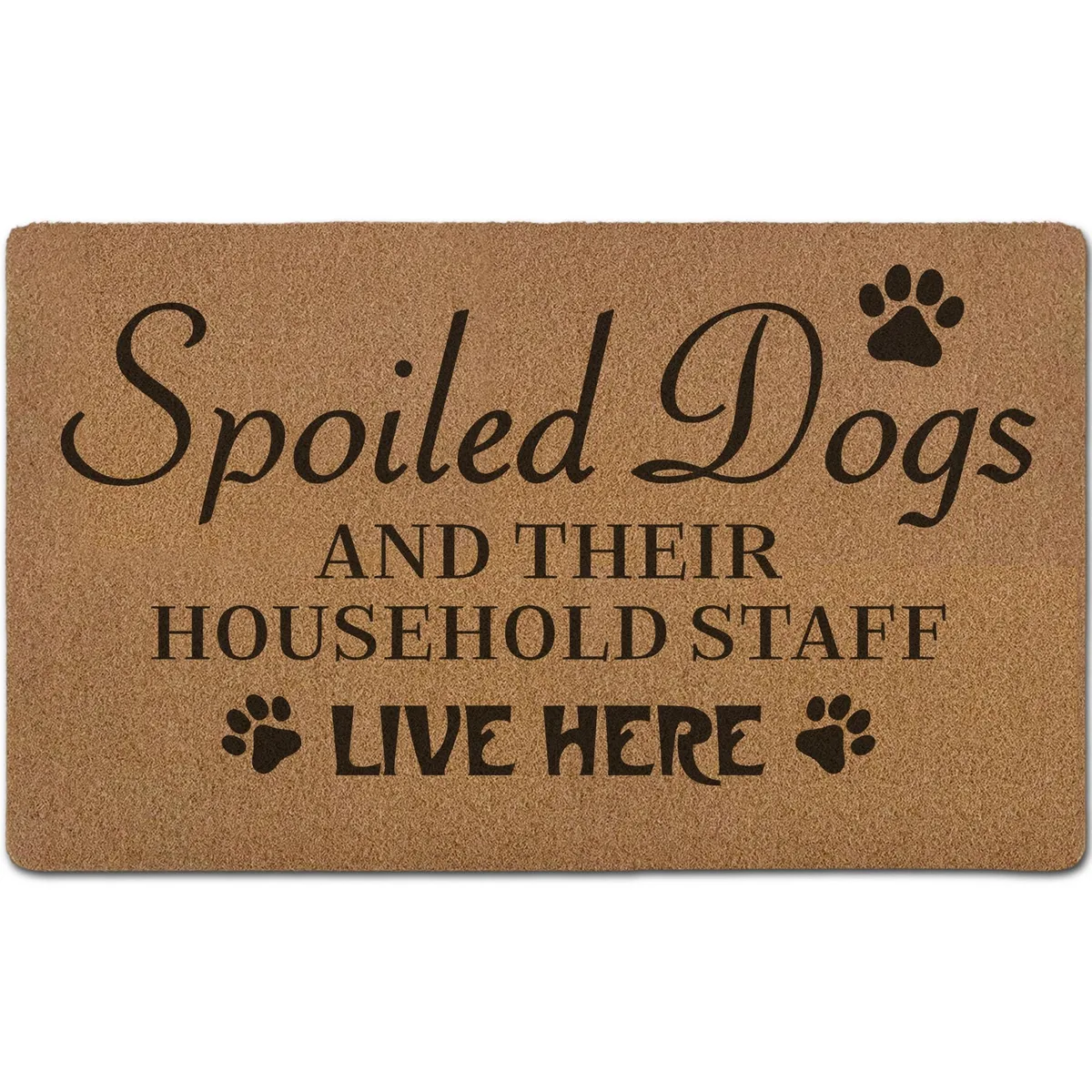 Rectangular beige coir-style doormat with black letter print, PVC backing, 17 by 30 inches