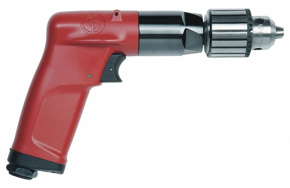 Silver aluminium pistol-grip air drill with keyed chuck and trigger throttle