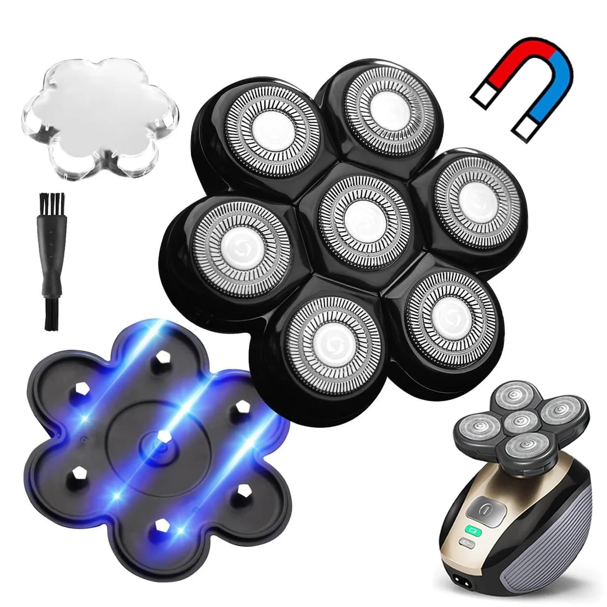 Seven silver magnetic shaver heads with protective cover and cleaning brush