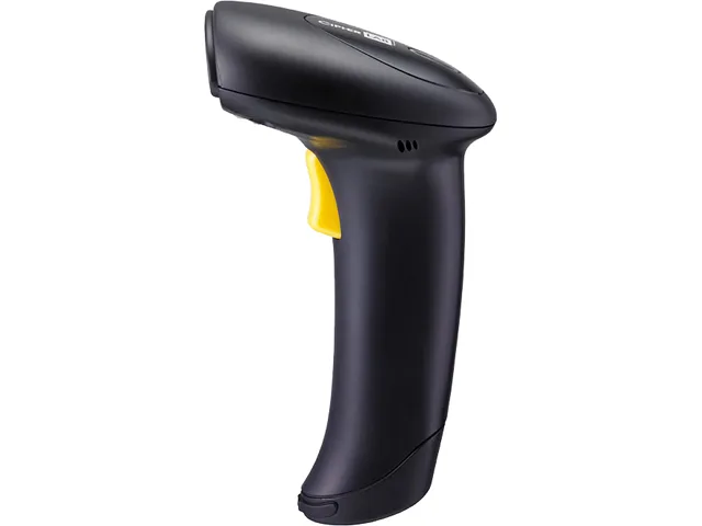 Black handheld laser barcode scanner with ergonomic grip and trigger