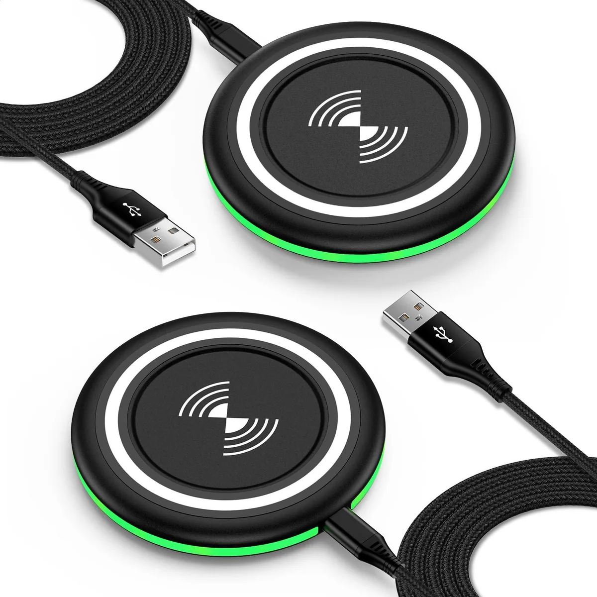 Two flat circular wireless charging pads in black finish