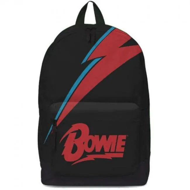 Black David Bowie backpack with yellow lightning logo, polyester fabric, padded straps, laptop pocket