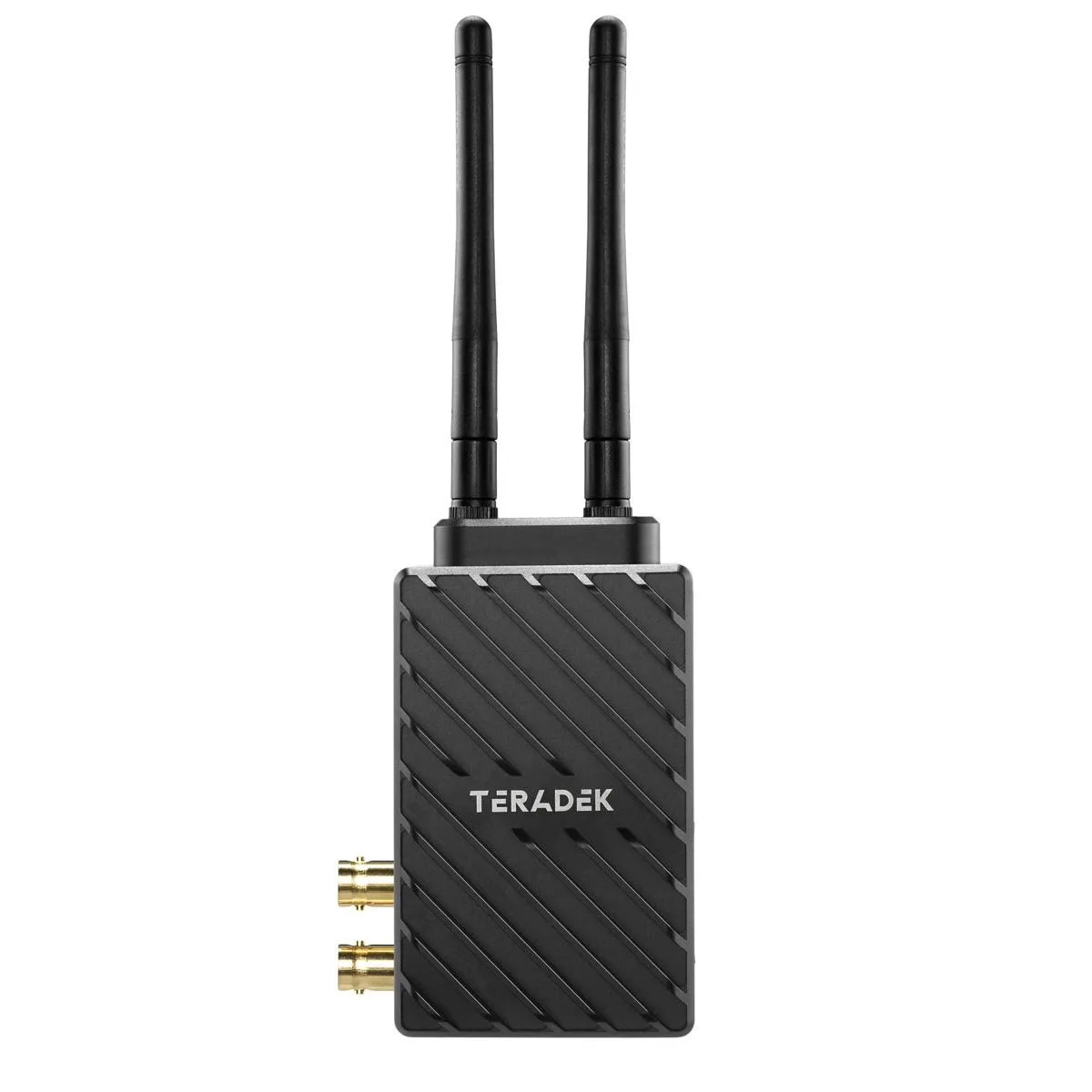 Compact black transmitter with SDI and HDMI ports, detachable antennas, and mounting points