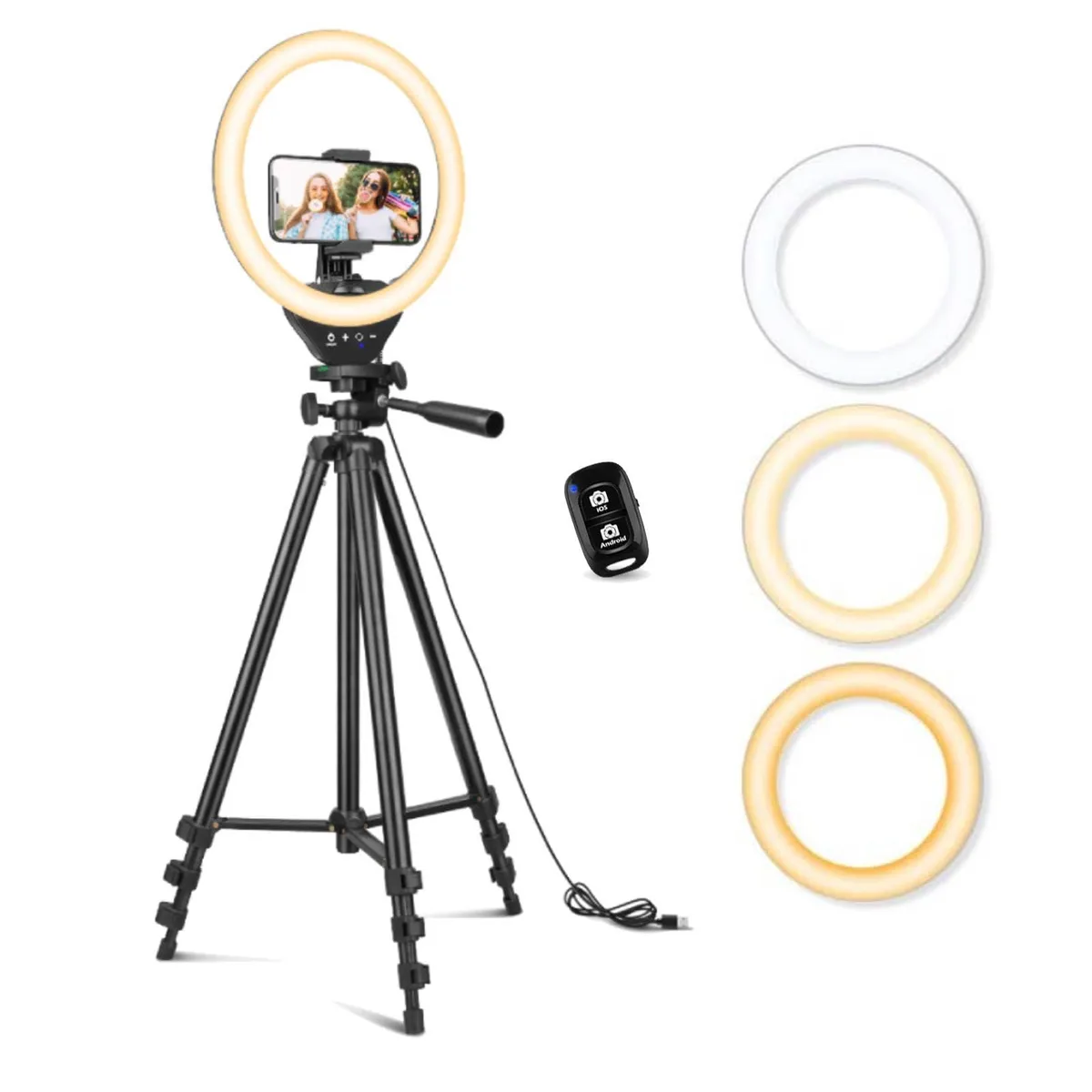 Ten-inch ring light on extendable tripod stand with phone holder