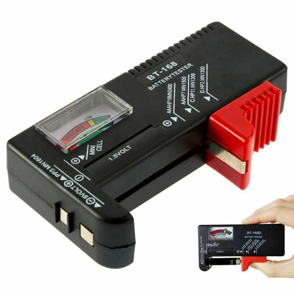 Black BT168 digital battery tester with probes and slots
