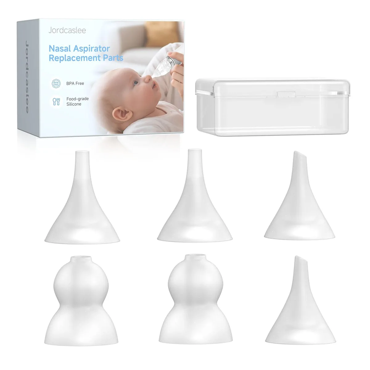 Six white silicone nasal aspirator tips in storage case