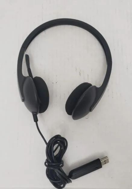 Logitech H340 USB headset with adjustable headband, foam ear cups, and rotating boom microphone