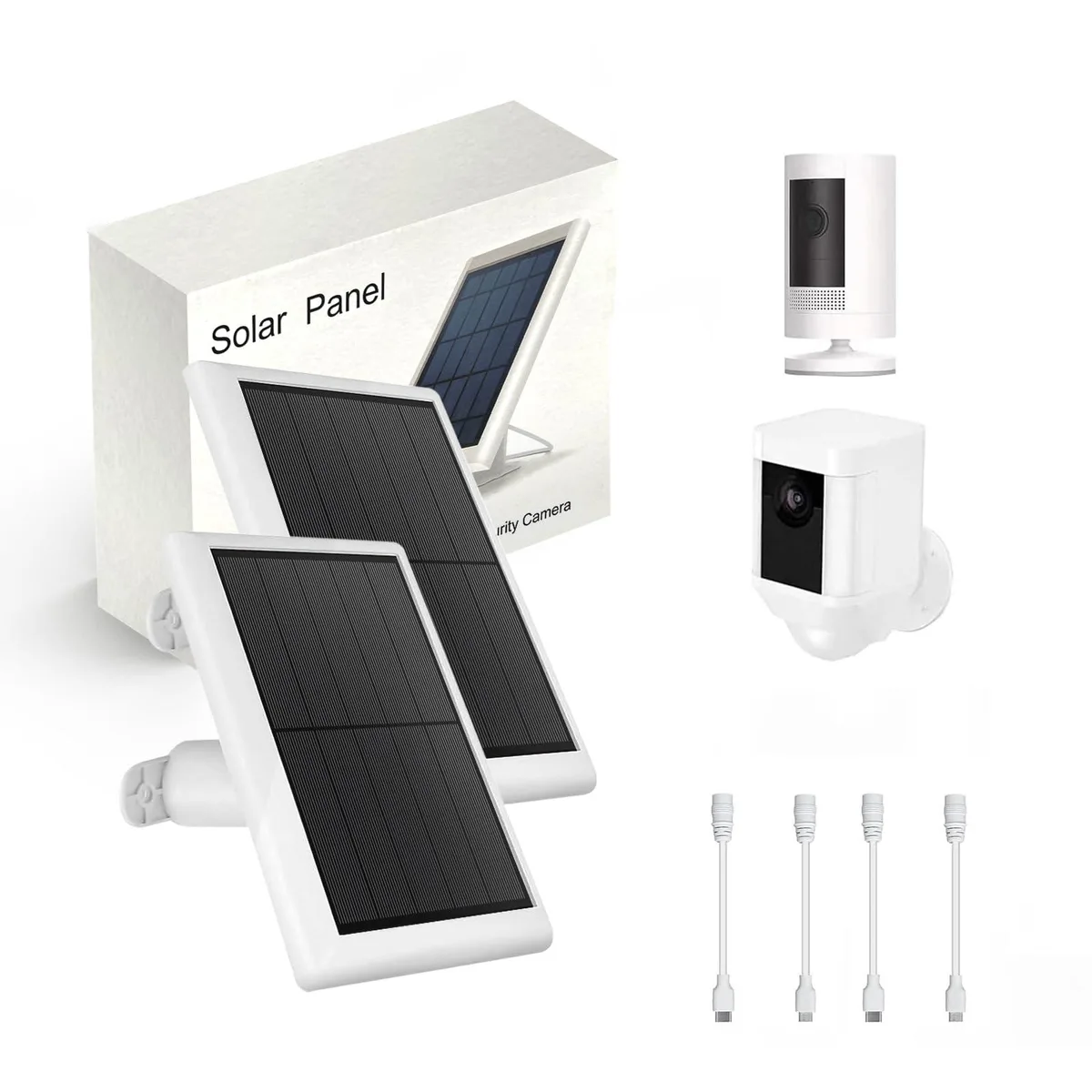 Two white rectangular solar panels with adjustable brackets and long cables