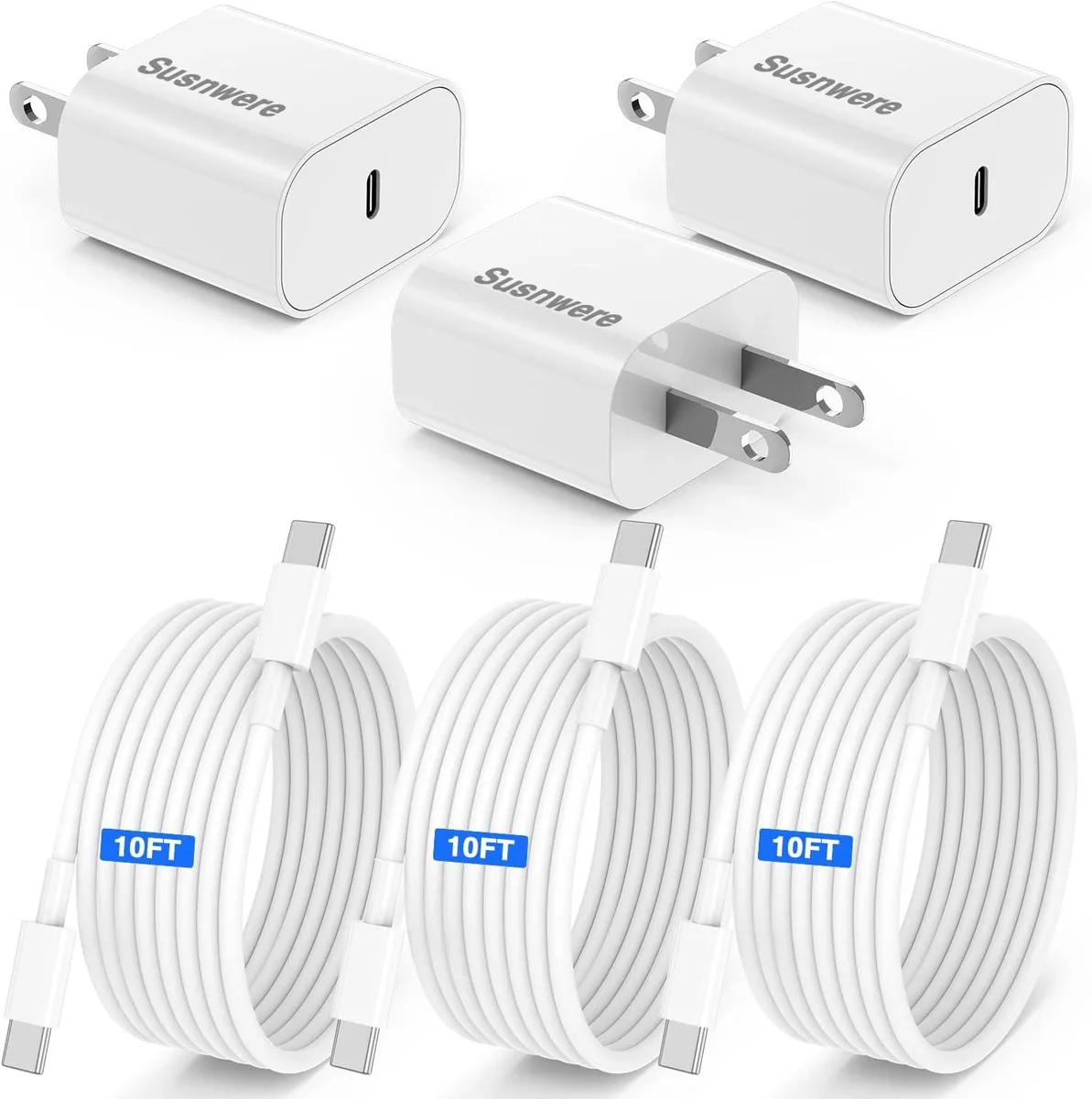 Three white USB-C wall chargers with three long white cables
