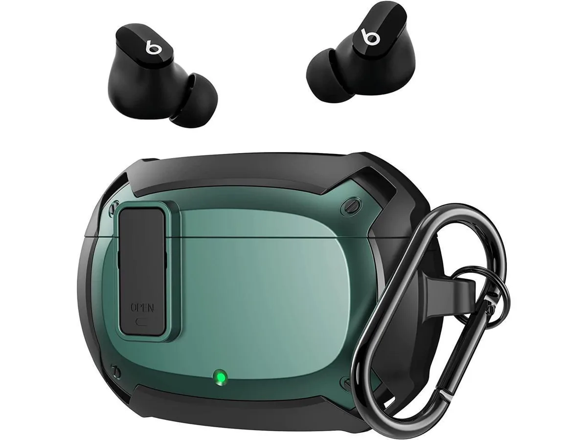 Green rugged case for Beats Studio Buds with carabiner and secure lock