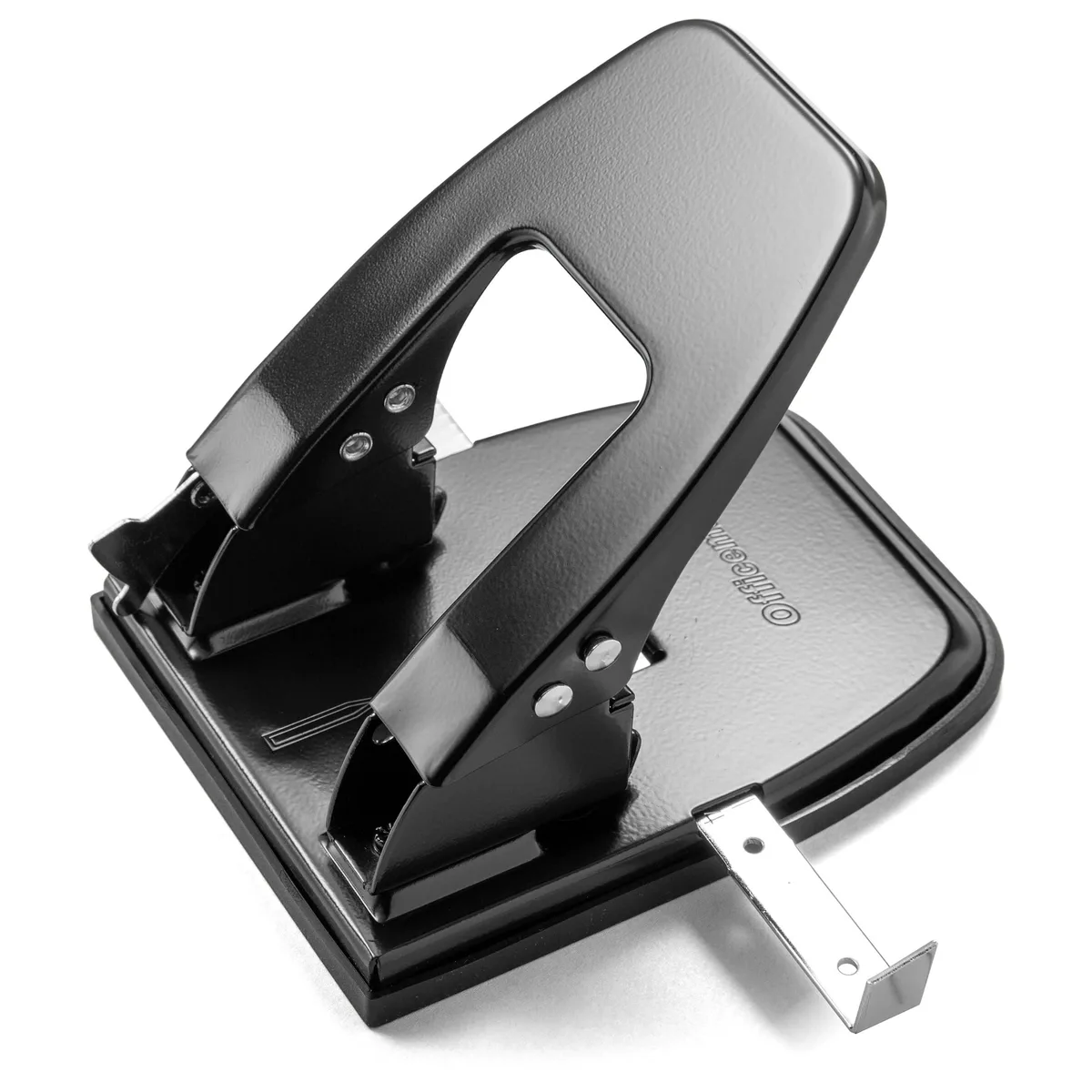 Black metal two-hole punch with wide flat handle and adjustable paper guide