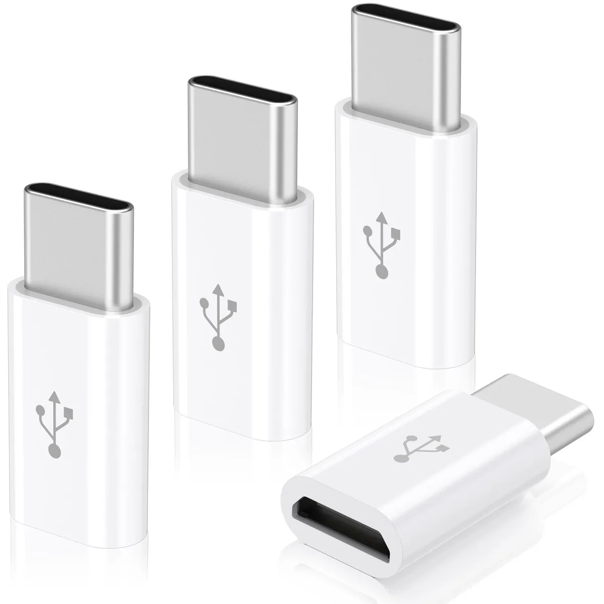 Four white Micro USB female to USB C male adapters side by side