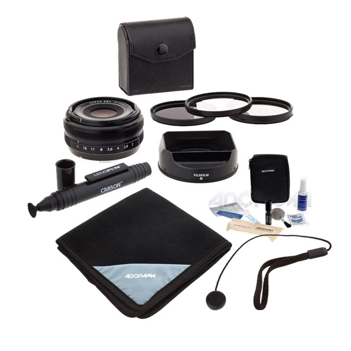 FUJIFILM FUJIFILM XF 18mm f/2.0 lens bundle with filter kit, wrap, cleaning kit, cleaner, cap tether — product photo