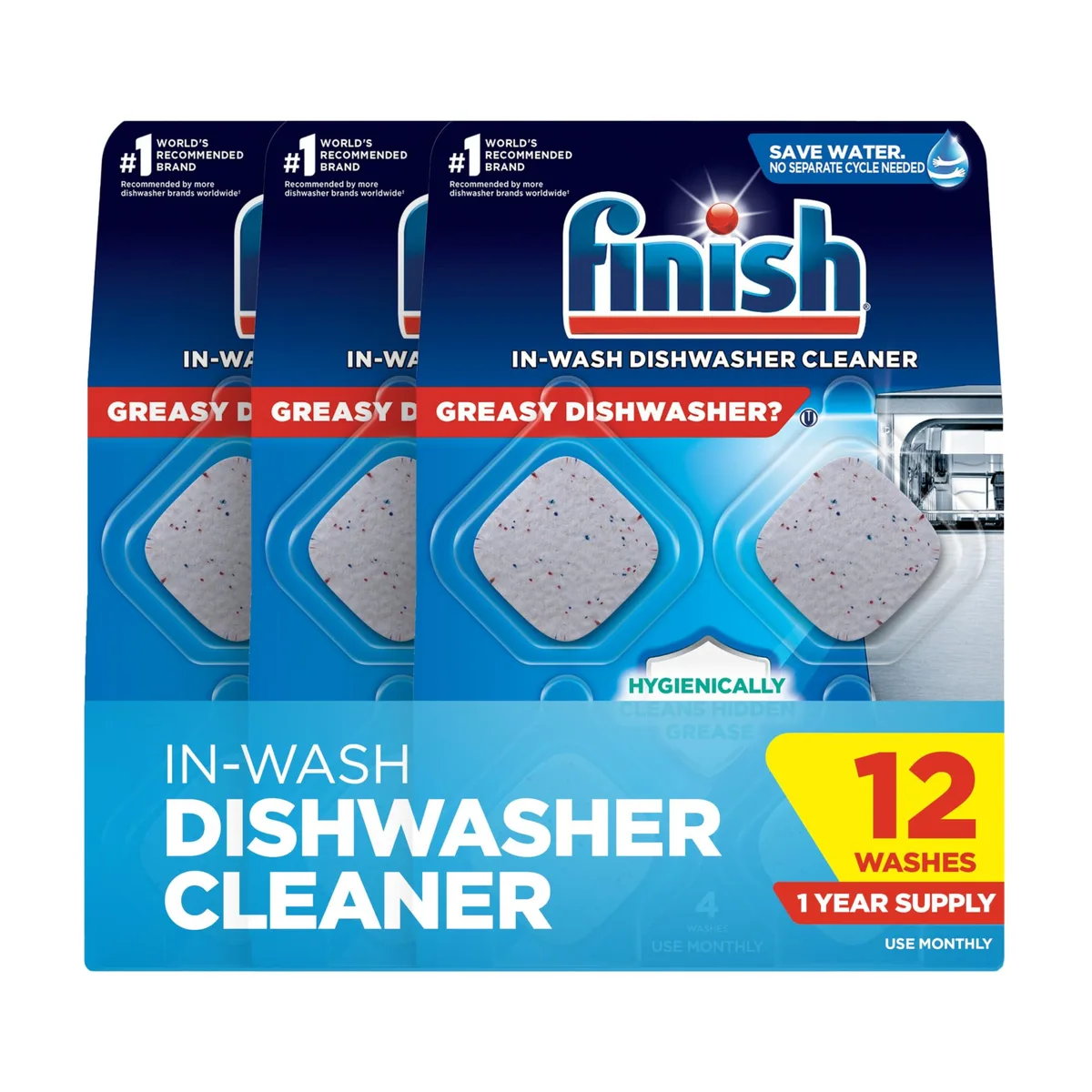 Box of twelve white dishwasher cleaner tablets in blue packaging