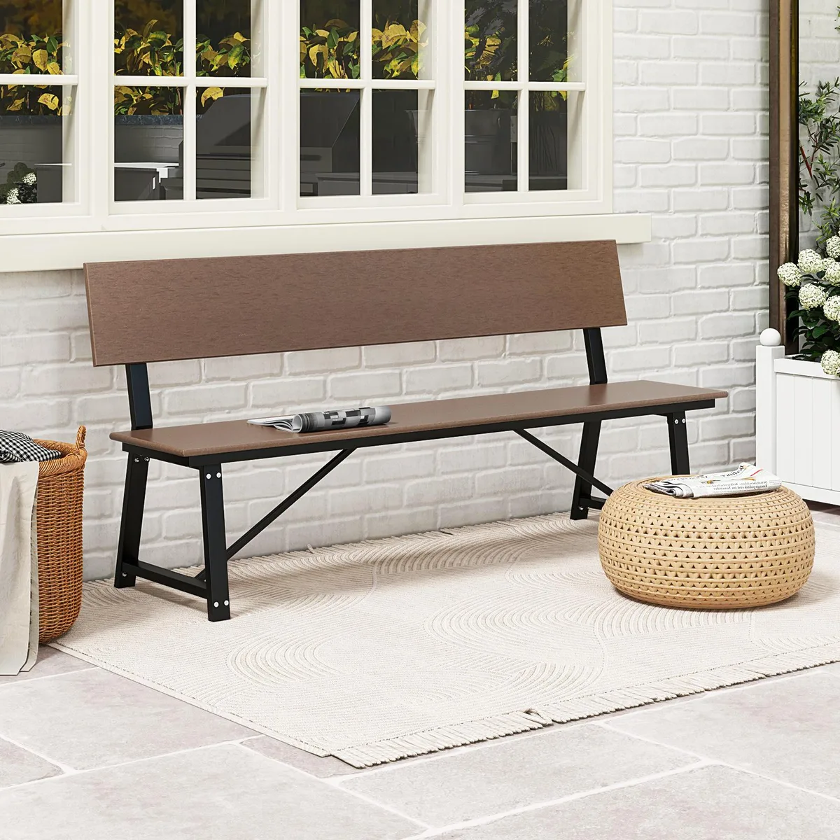 Brown 72-inch HDPE garden bench with black metal frame and slatted seat back