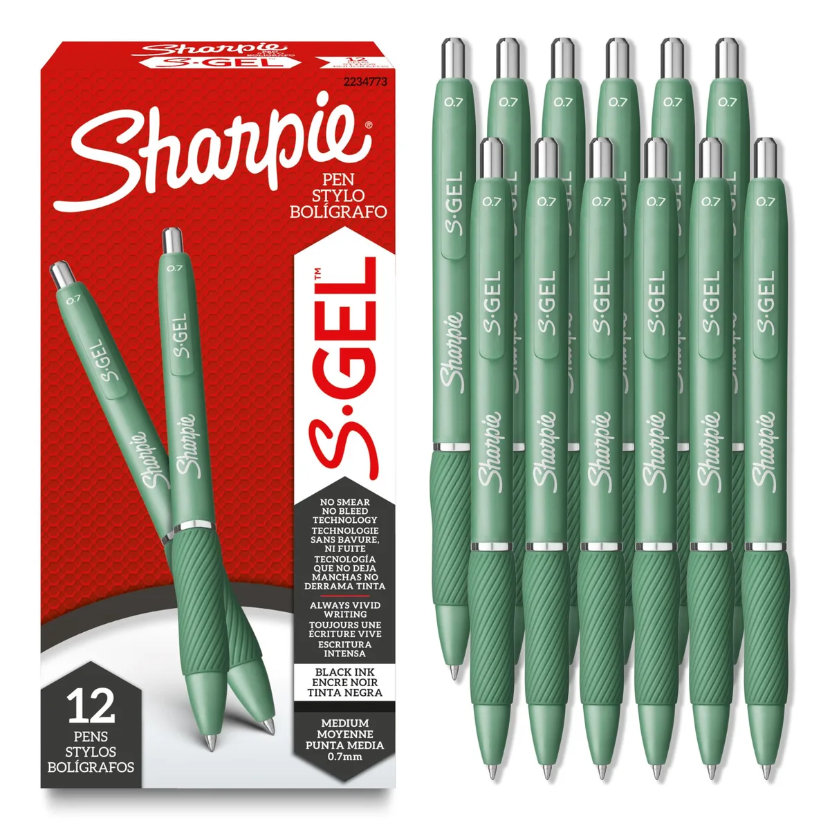 Twelve forest green retractable gel pens with black ink and rubber grips