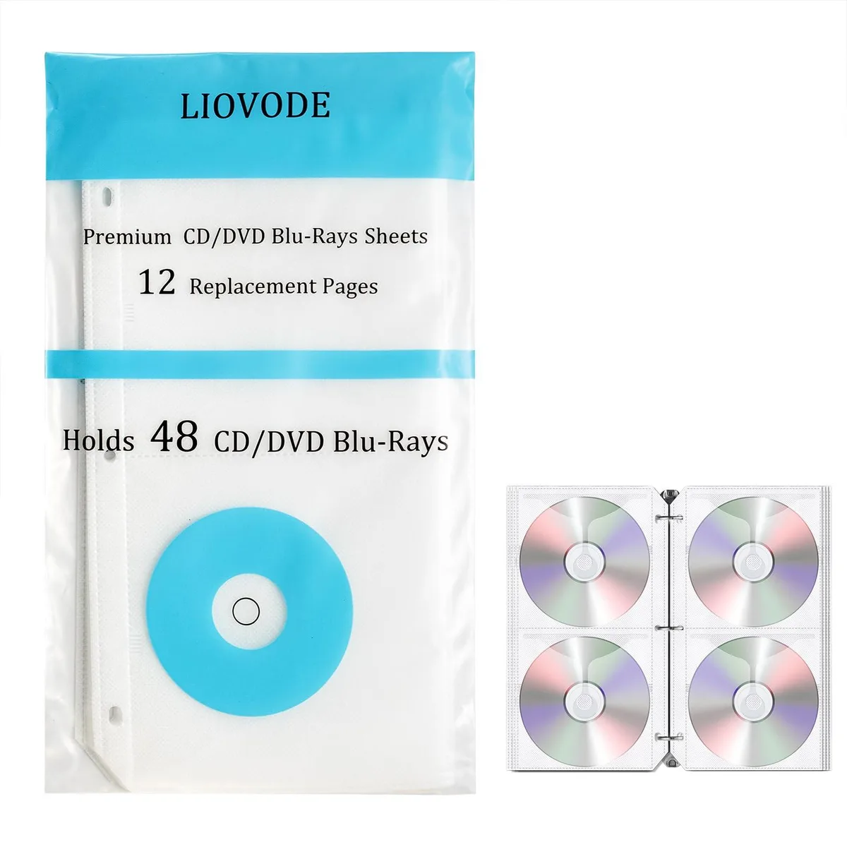 White vinyl binder refill pages, twelve sheets holding forty-eight discs in four-slot layout with 4.2 inch ring spacing