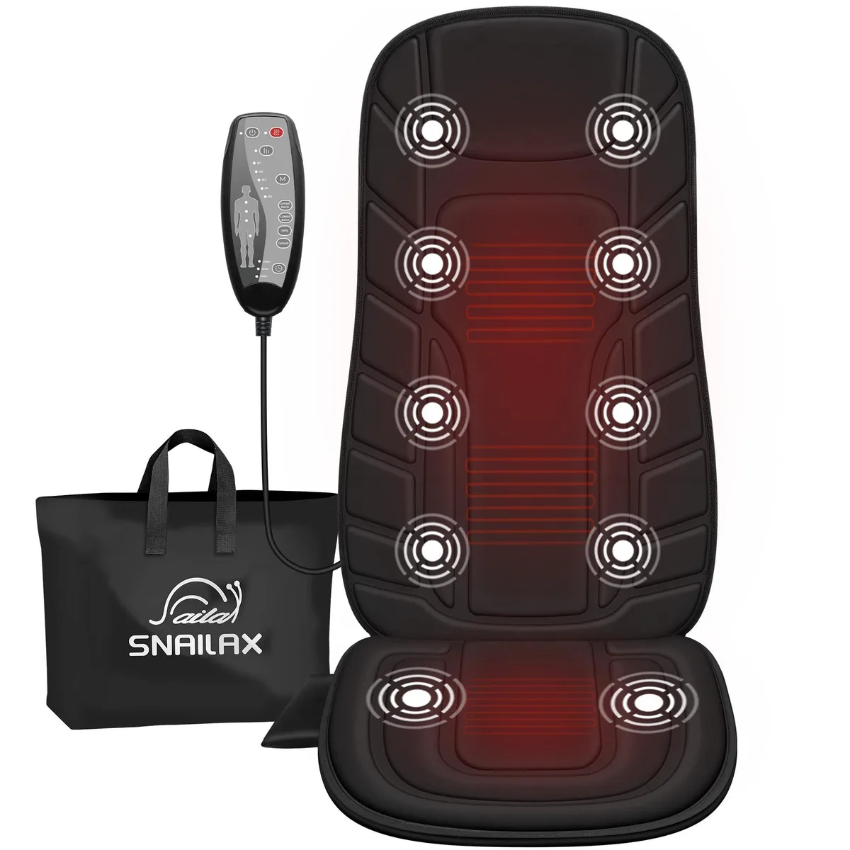 Black vibration massage seat cushion with heat, rectangular foam pad with attached controller and storage bag