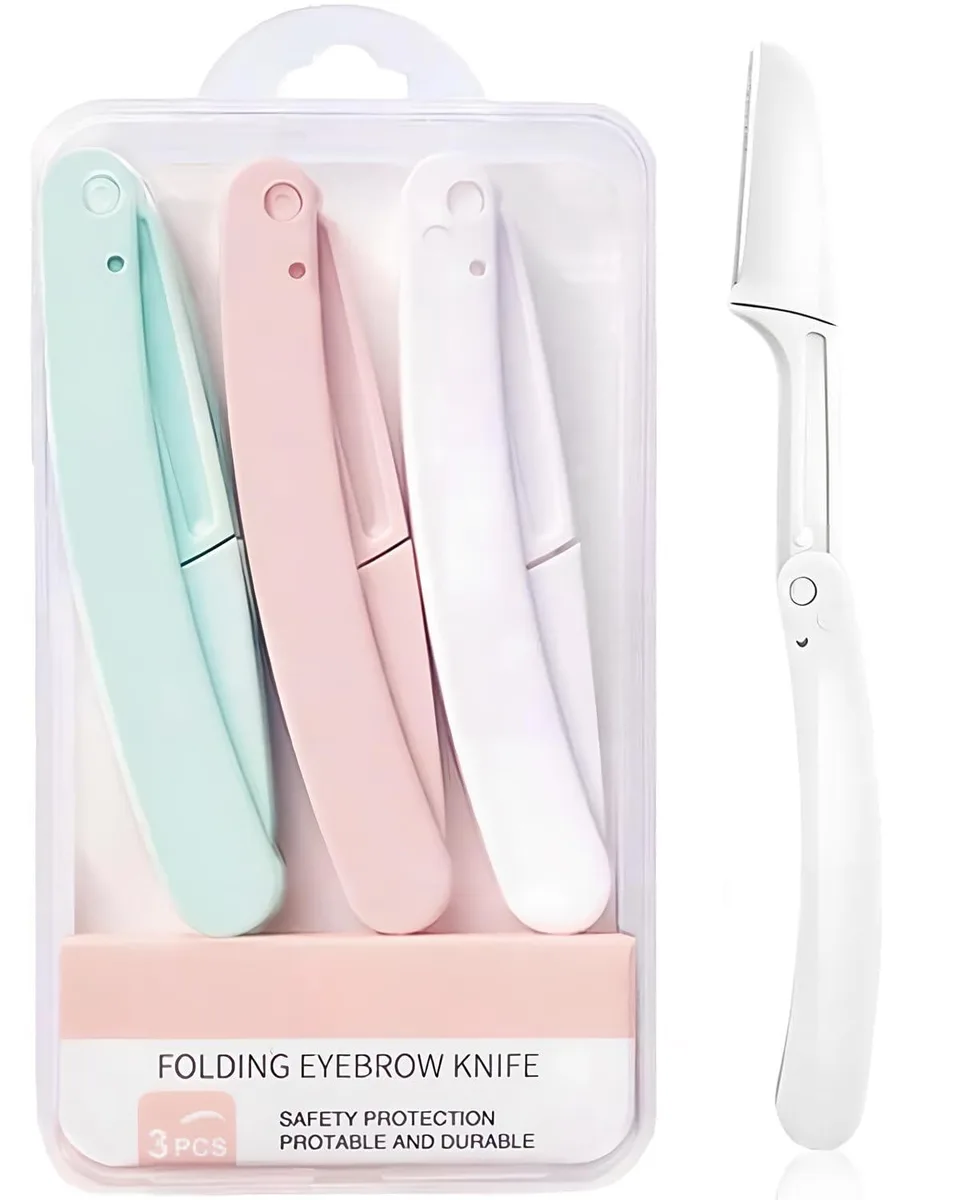 Three multi-coloured foldable dermaplaning razors with stainless steel blades