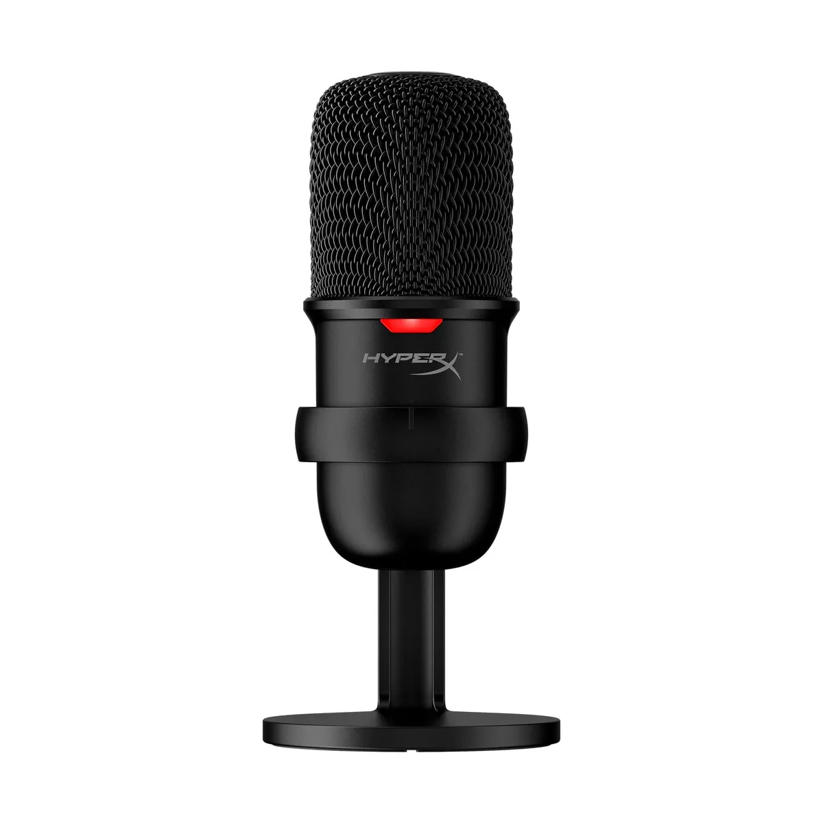 Black cylindrical USB condenser microphone on adjustable swivel stand with tap-to-mute top