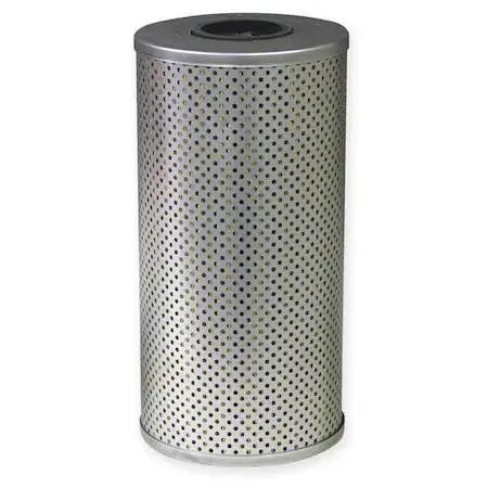 Cylindrical metal hydraulic filter element, silver finish, attached gasket visible