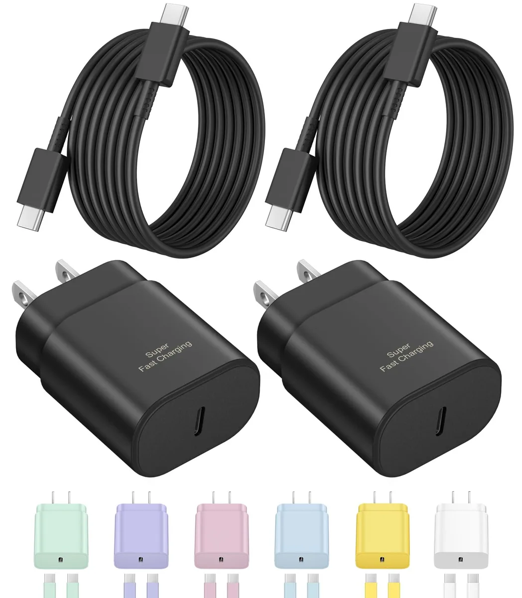 A white compact USB-C wall charger with a 6.6-foot USB-C to Lightning cable coiled beside it