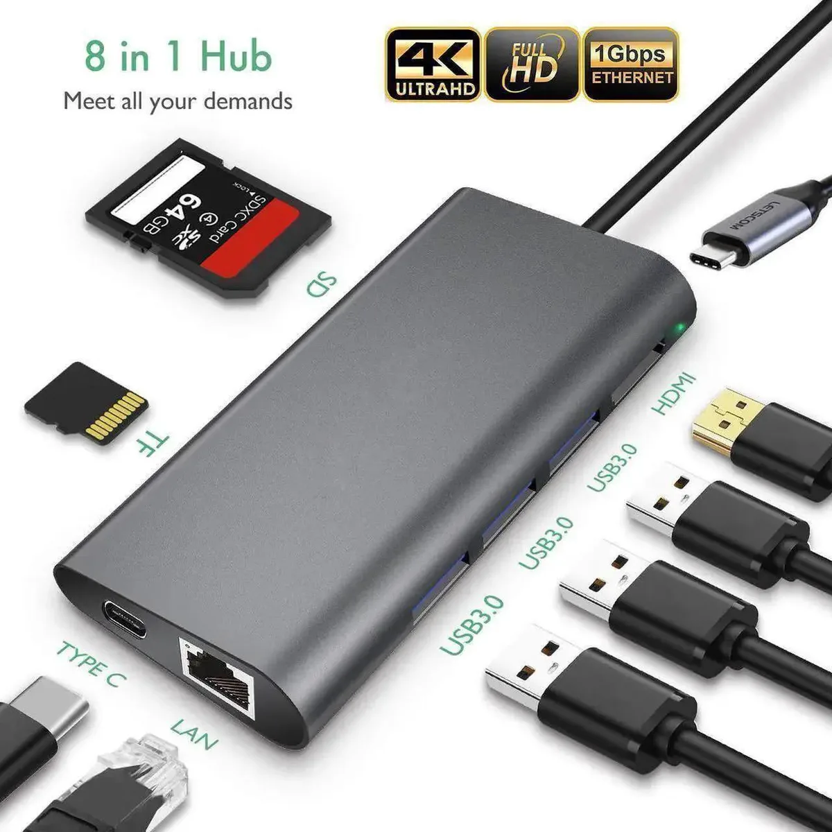 SMUGDESK SMUGDESK 8-in-1 USB-C Docking Station 4K HDMI Gigabit Ethernet 3 USB 3.0 SD TF PD Charging — product photo