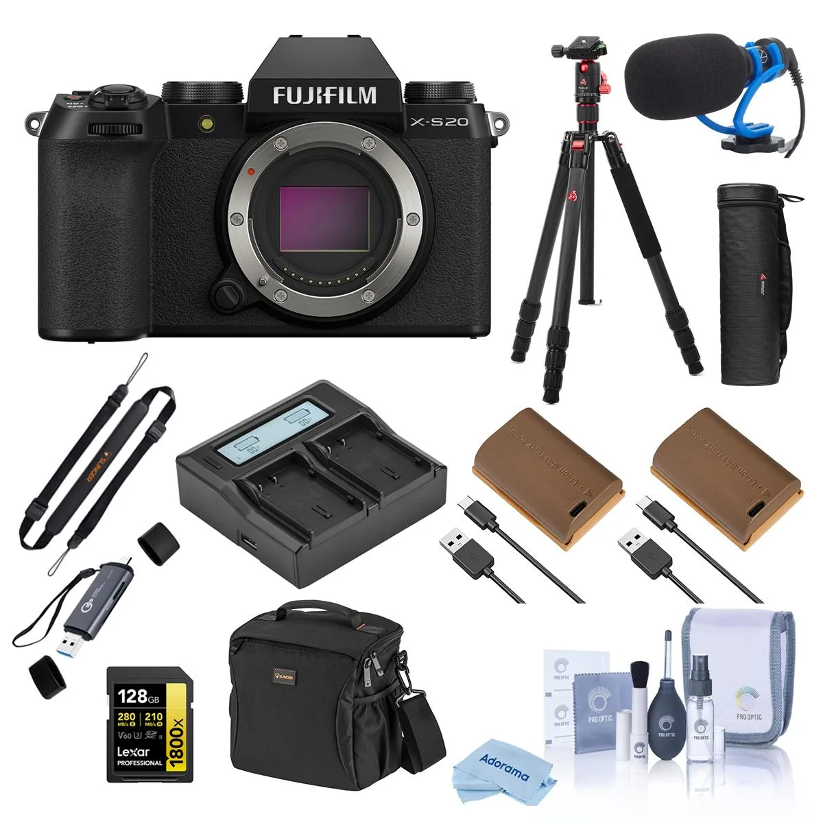 FUJIFILM FUJIFILM X-S20 compact mirrorless camera Black bundle 128GB card 3 batteries tripod mic backpack — product photo
