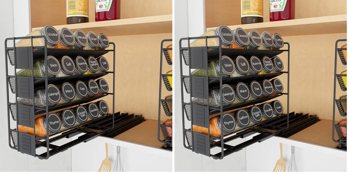 Two red pull-out spice racks with round jars, labels and chalk marker