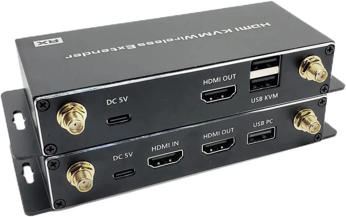 A transmitter and receiver pair in black plastic casings with HDMI ports and dual antennas