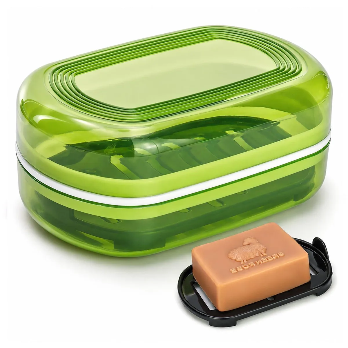Green rectangular plastic soap case with transparent lid and drainage tray, 4.7 by 3.1 by 2 inches