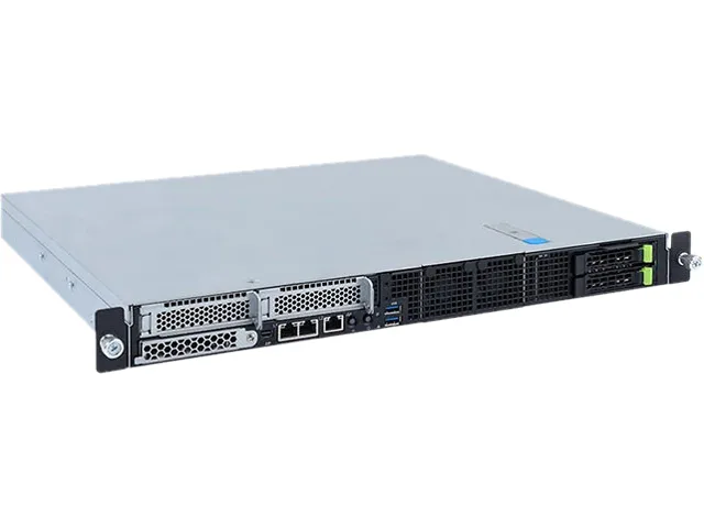 Silver 1U rackmount barebone server, front panel shows two drive bays, two USB ports, mini DisplayPort, dual RJ45 and management LAN