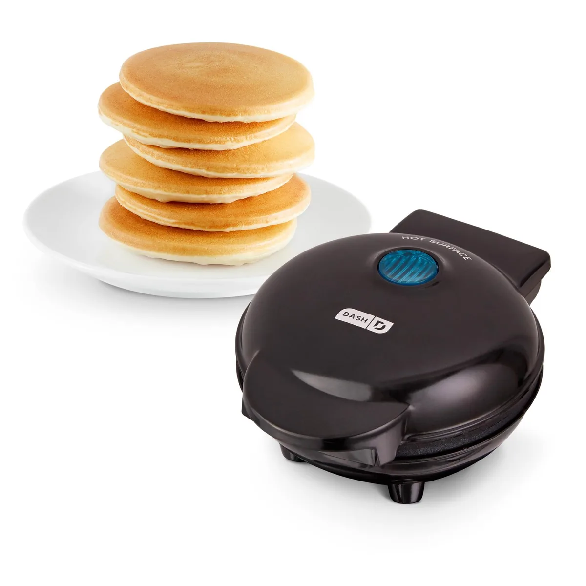 Small black electric griddle with 4-inch round nonstick surface and indicator light