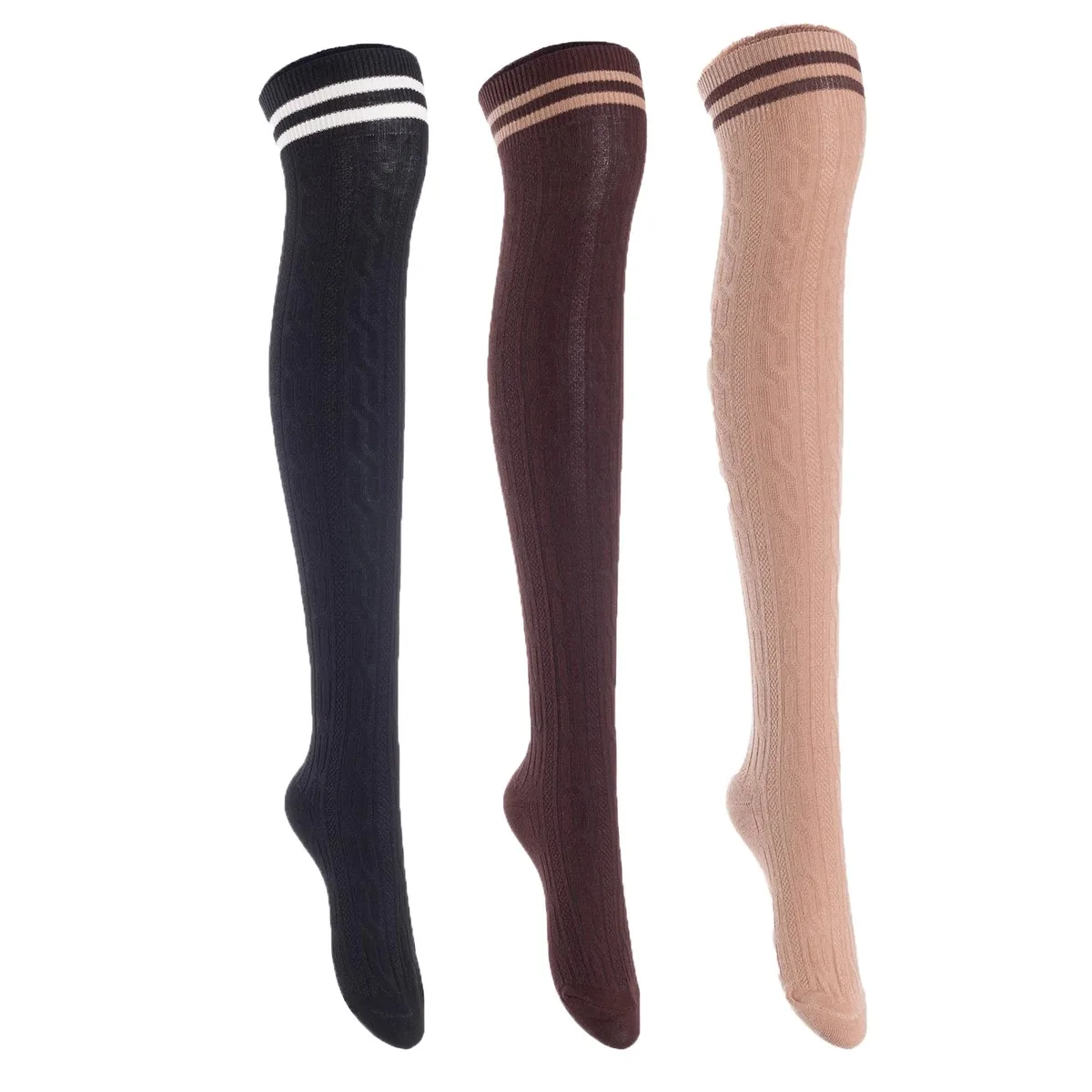 Three pairs of thigh-high cotton socks in black coffee and khaki