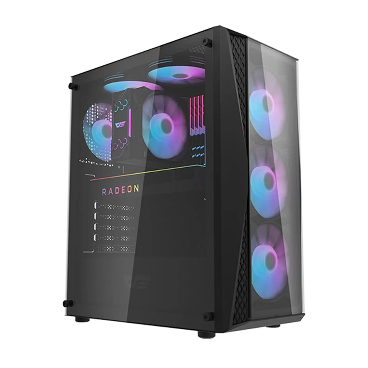 Black ATX mid-tower case with full glass front and tempered glass side panel, four RGB fans visible inside, SPCC steel frame