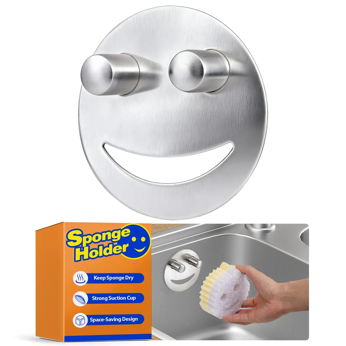 Smiley stainless steel sponge holder with suction cup, silver finish