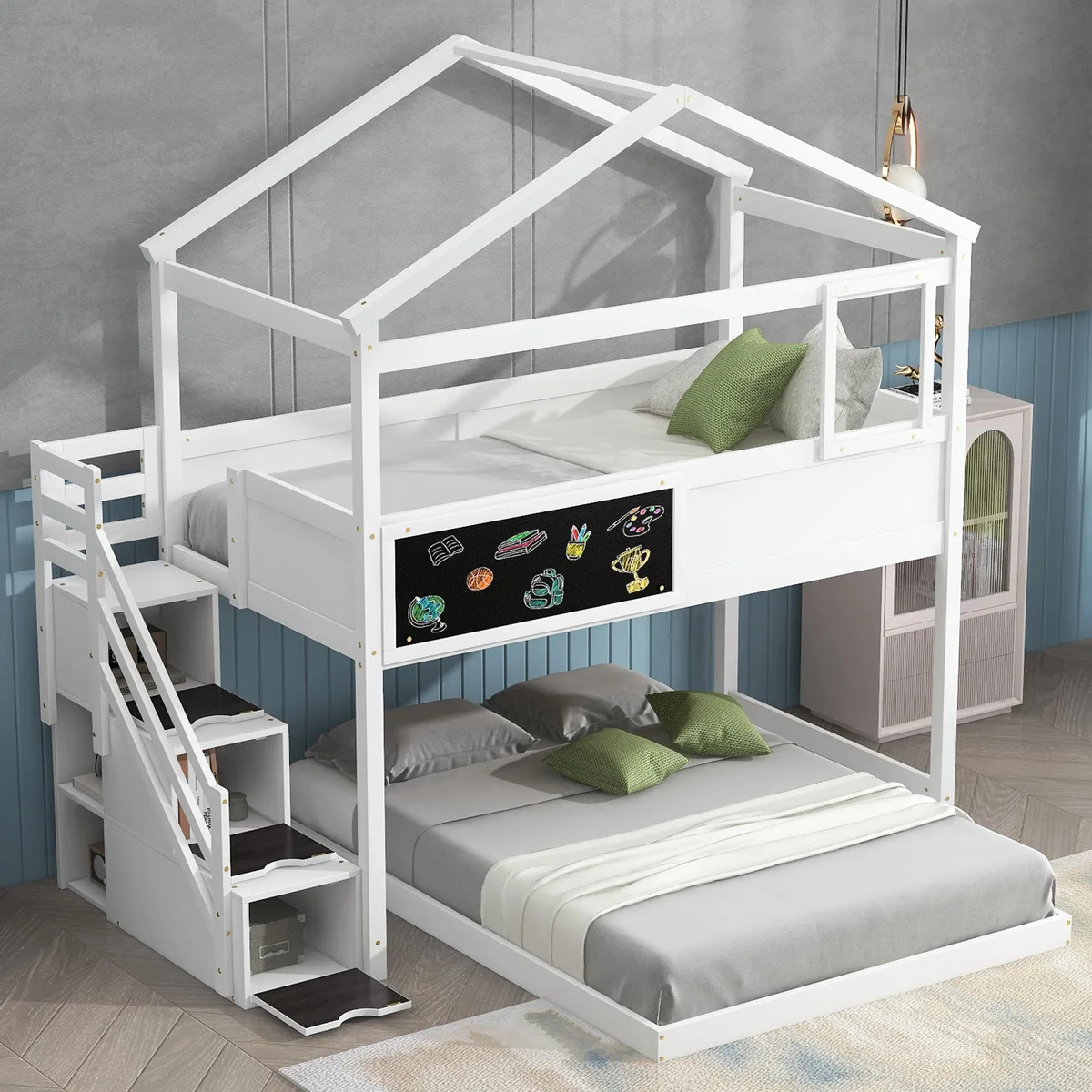 White pine bunk bed with house frame, storage staircase and blackboard
