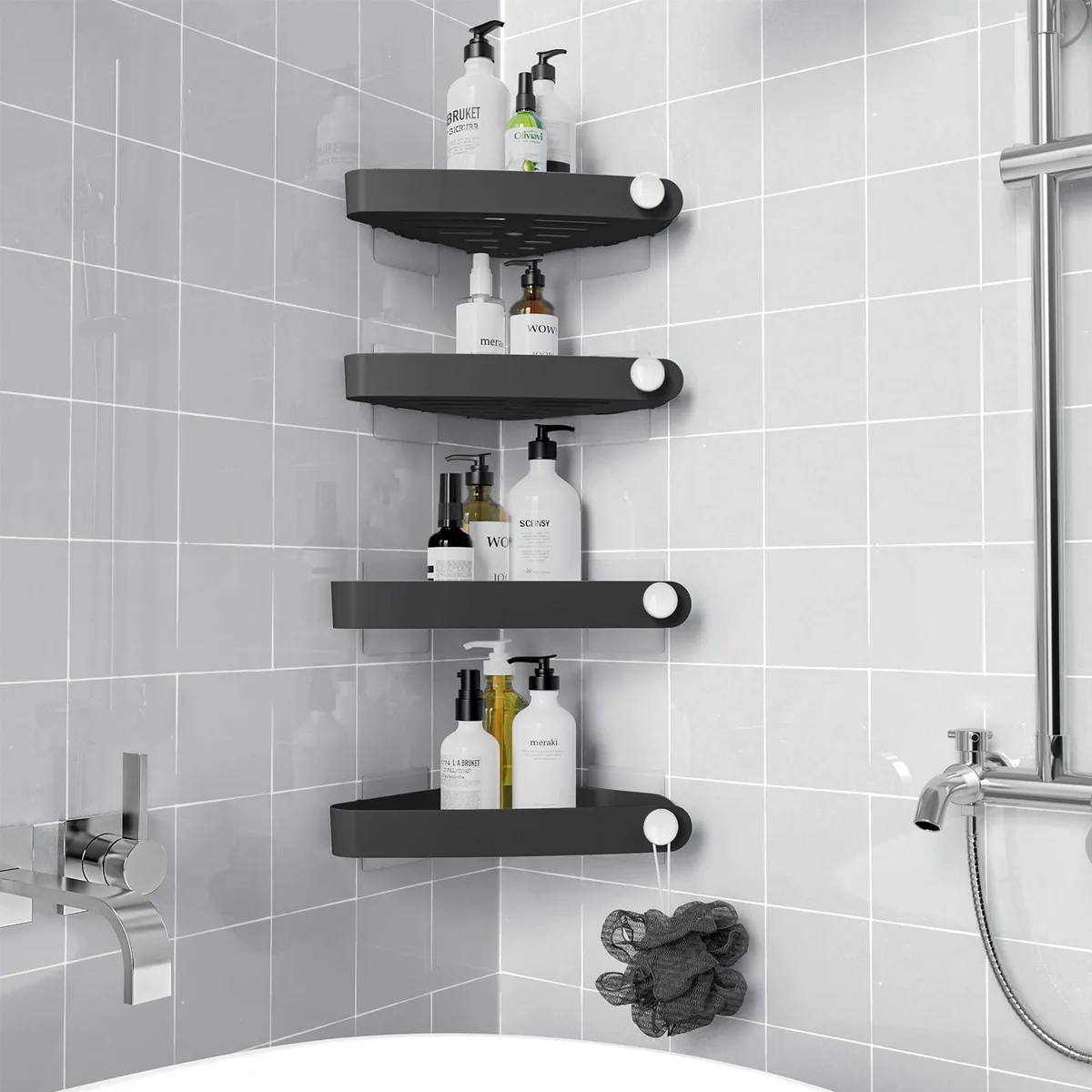 Black plastic corner shower caddy four pack for 90 degree corners