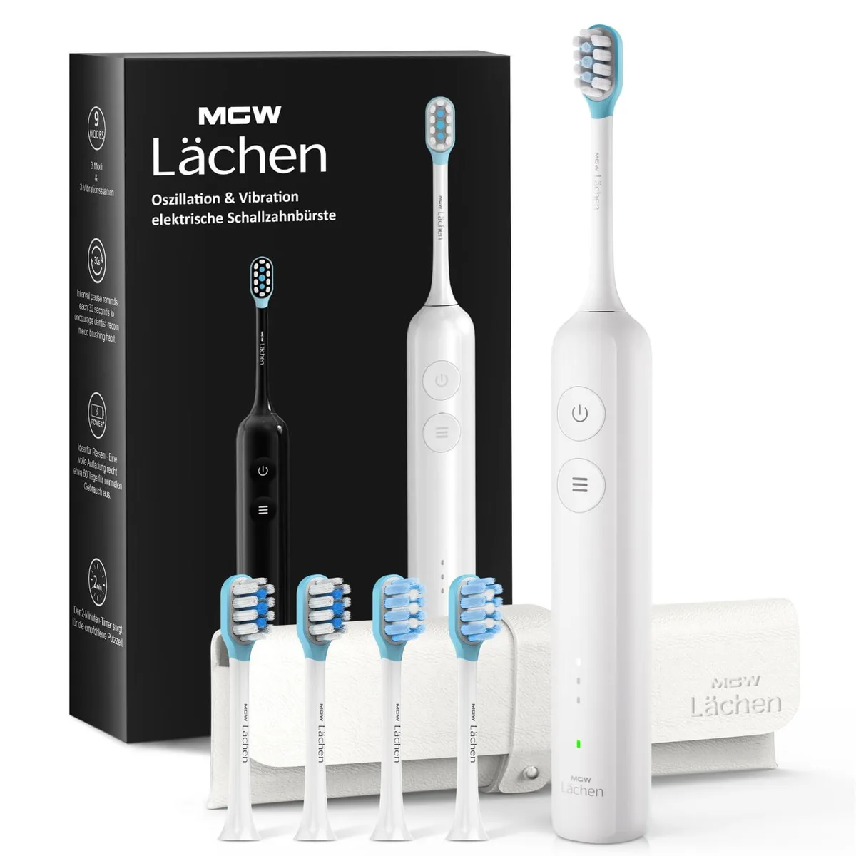 White electric toothbrush with travel case and four brush heads