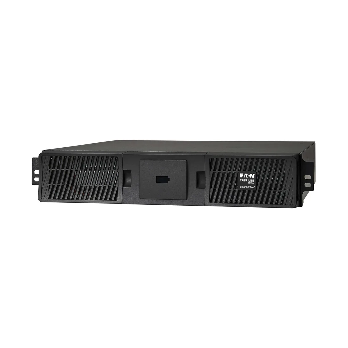 Rectangular black metal 2U rack tower battery module with front handle and rear connectors