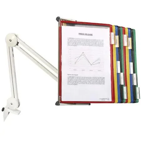 Transparent Tarifold DA92 wall unit with 20 pockets showing 40 views, metal swing arm clamps to desk edge