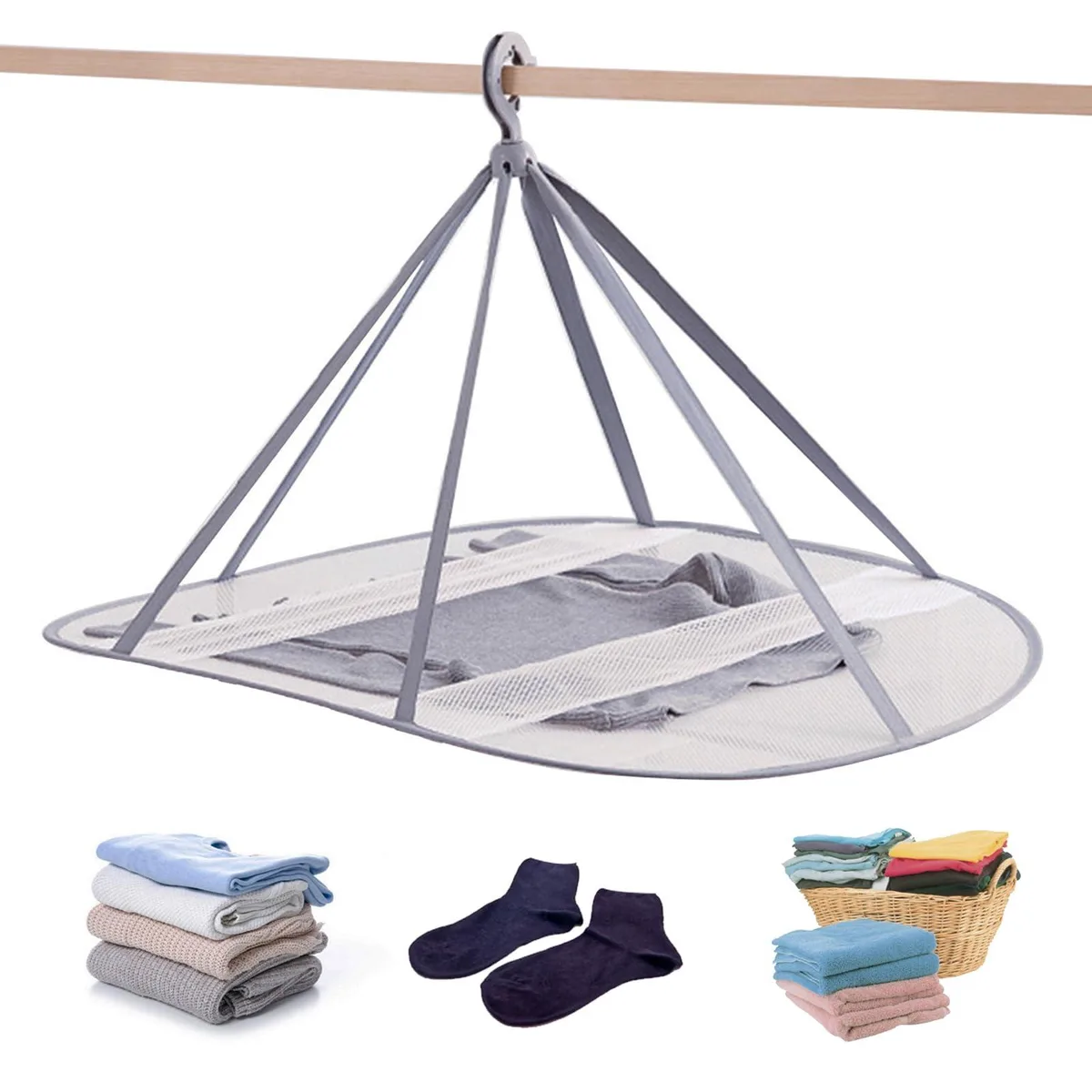 Grey and white folding mesh drying rack, rectangular, hangs from a rotating plastic hook